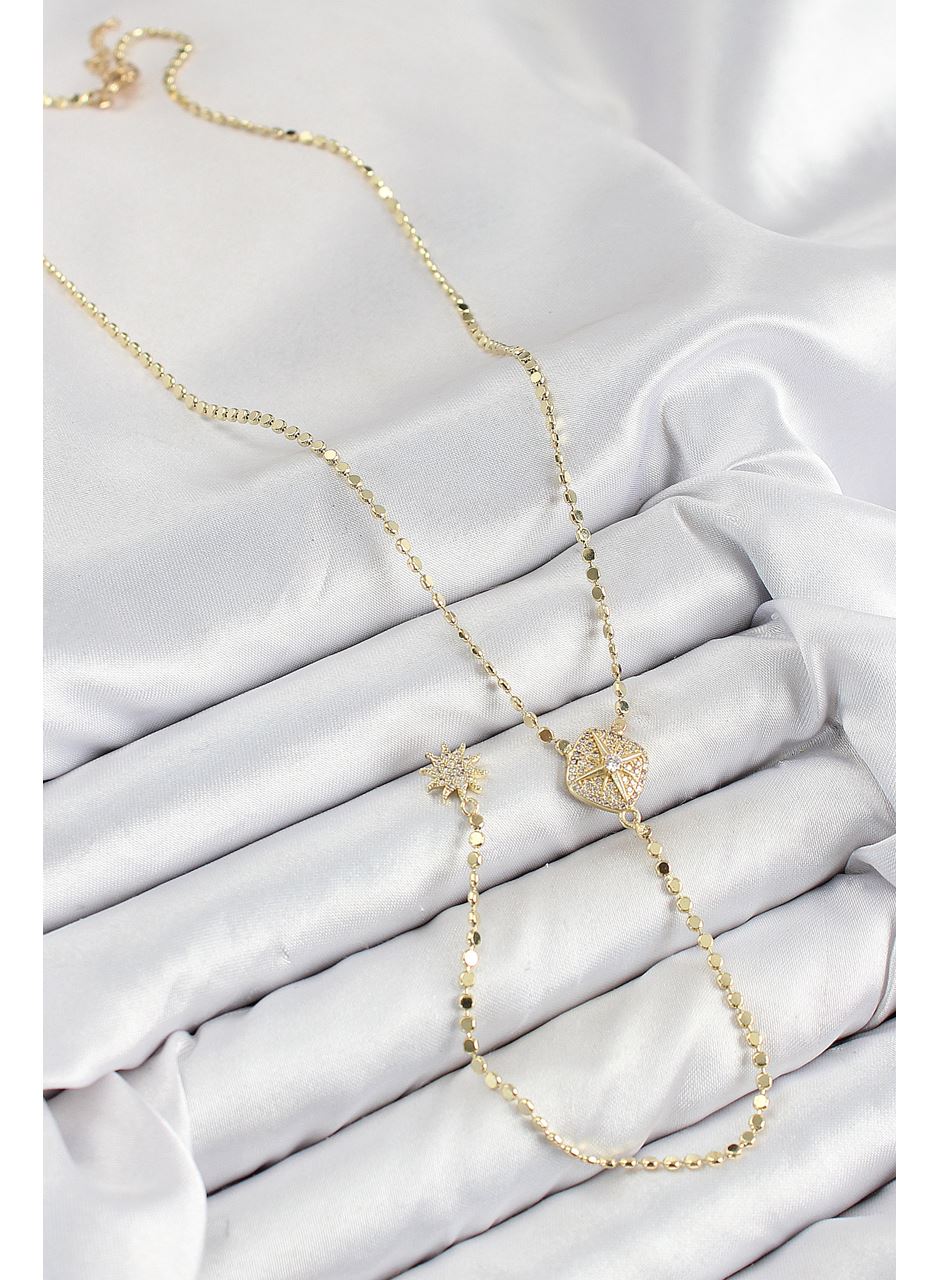 Pirinç Zirkon Taşlı Ezme Zincirli Madalyon Model Gold Renk Y Kolye