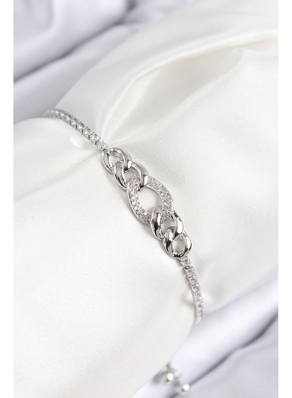 Pirinç Zirkon Taşlı Zincir Model Gümüş Renk Asansörlü Kadın Bileklik