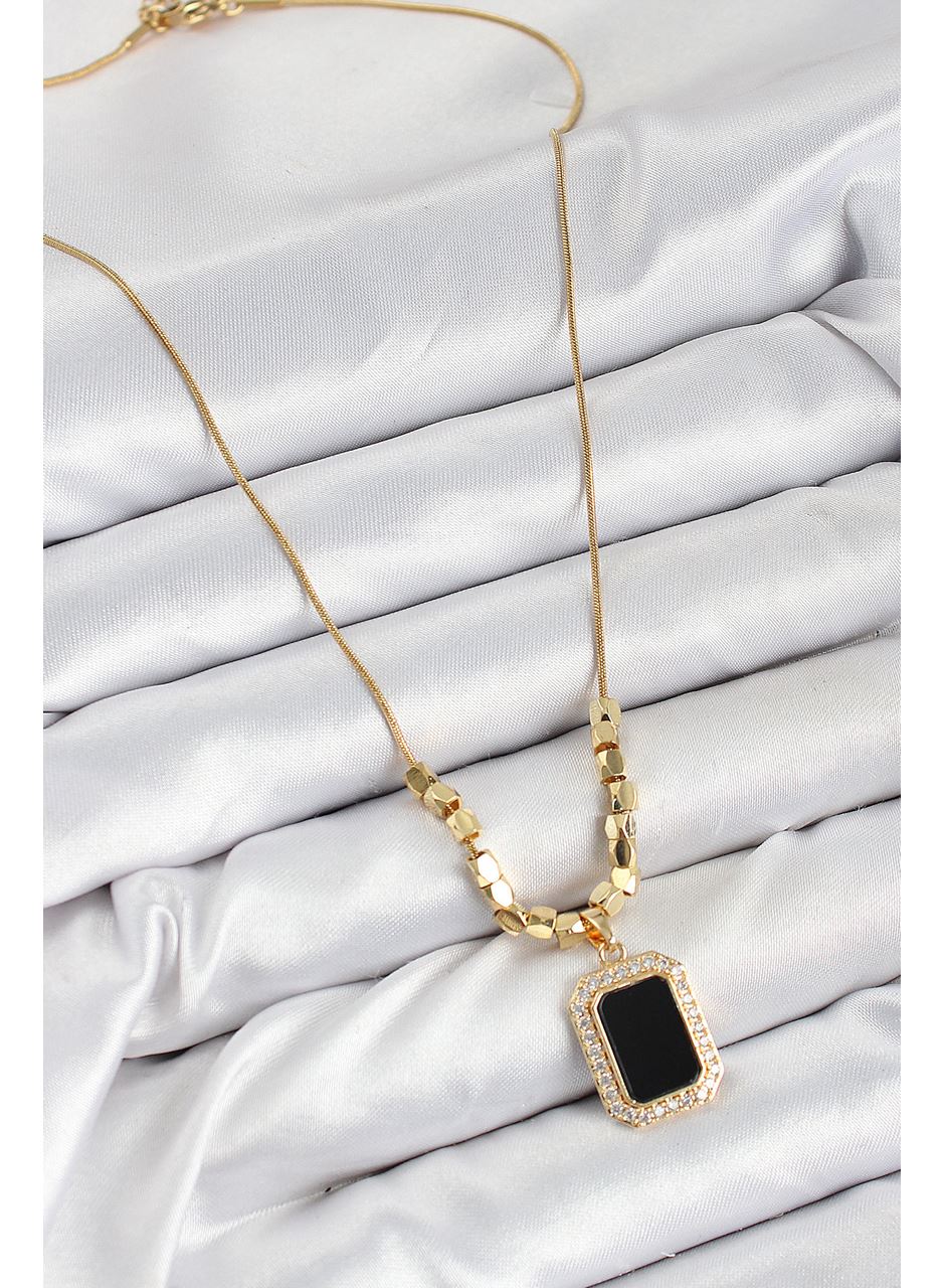 316L Çelik Zirkon Taşlı Siyah Baget Model Gold Renk Kadın Kolye