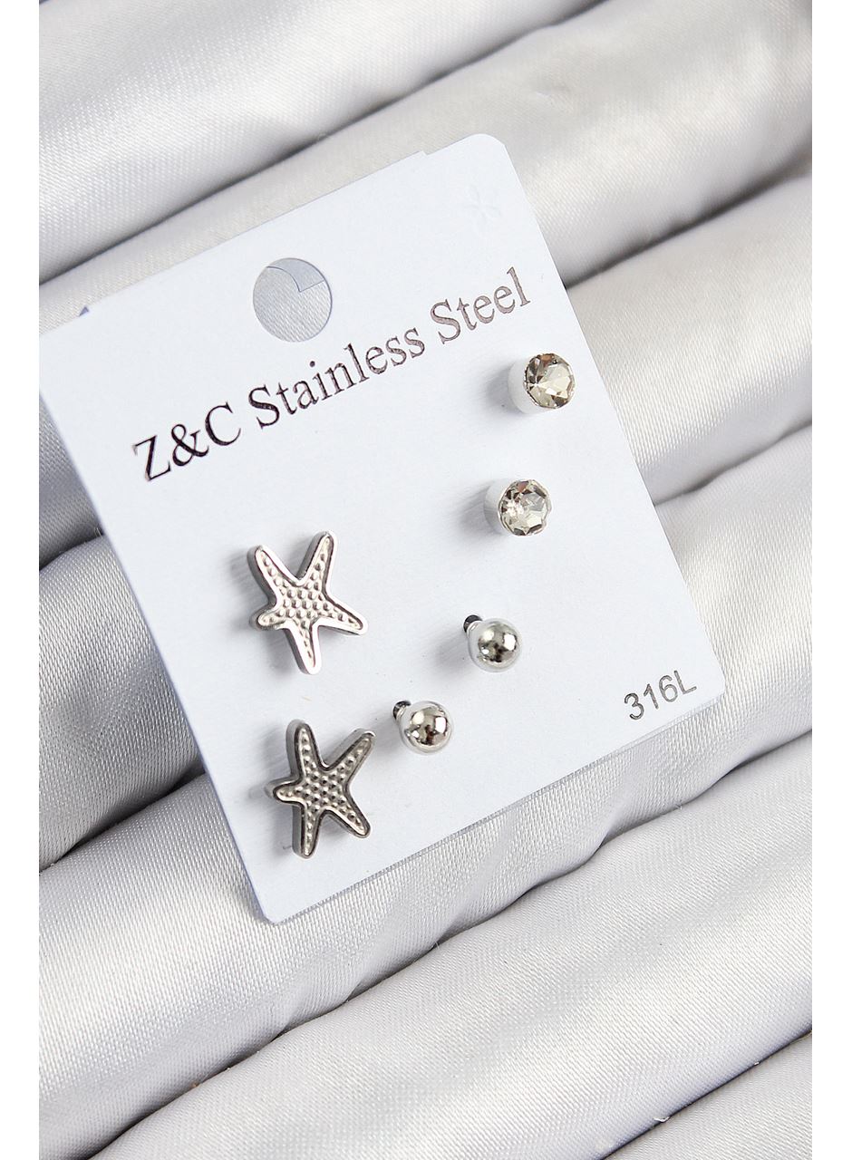 316L Çelik Zirkon Taşlı Deniz Yıldızı Model Gümüş Renk Kadın Set Küpe