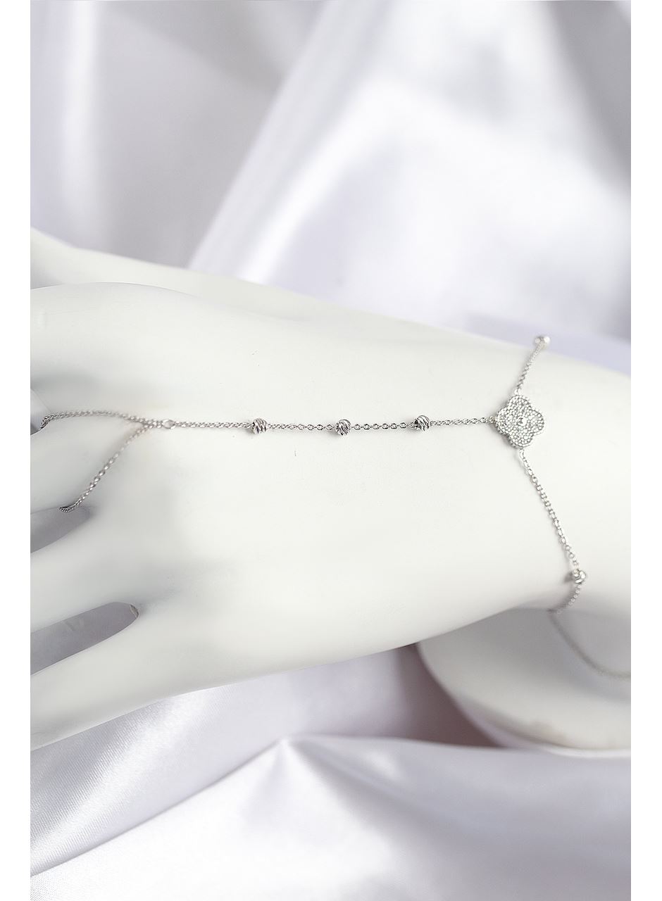 Pirinç Zirkon Taşlı Yonca Model Gümüş Renk Şahmeran