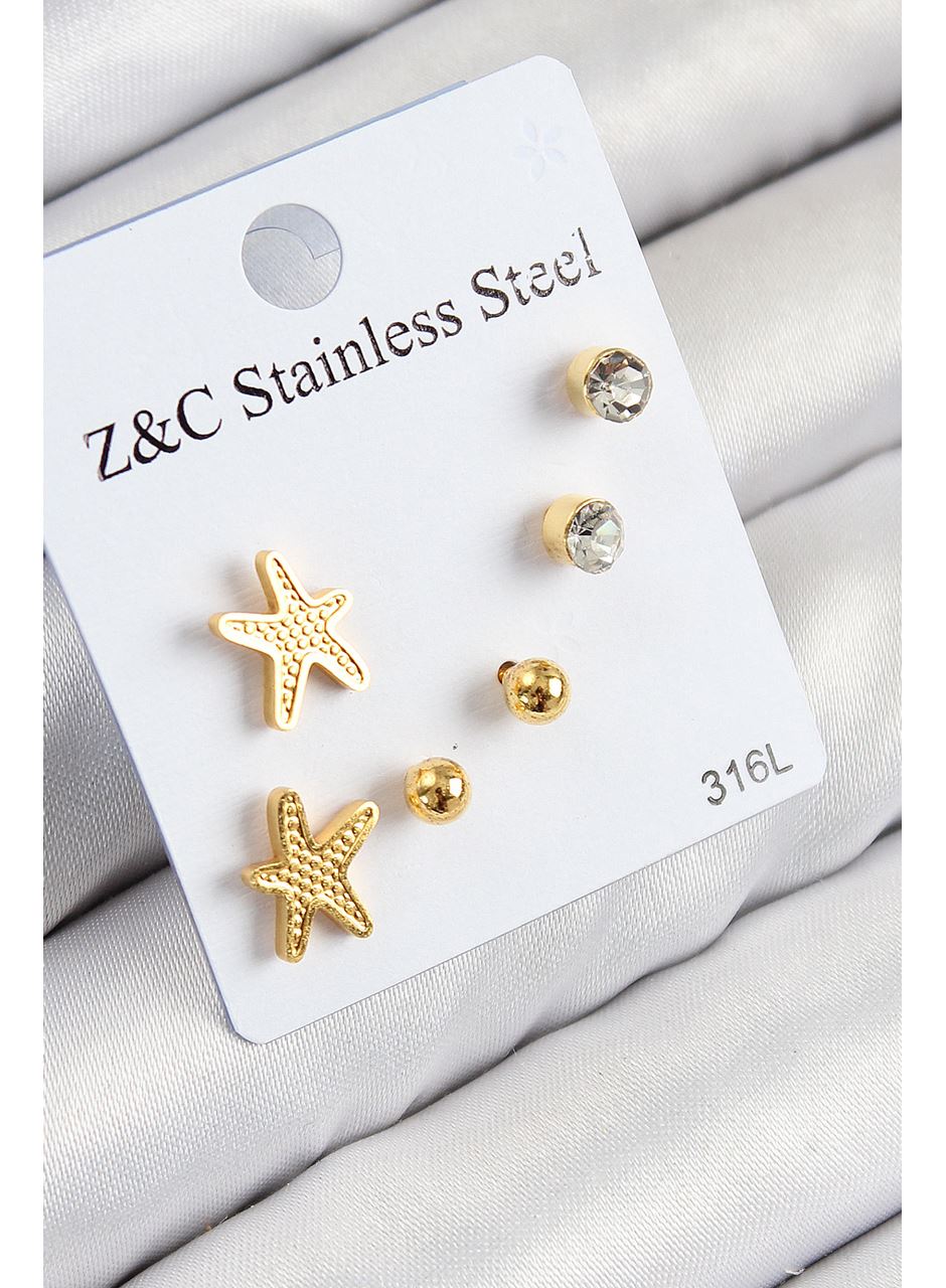 316L Çelik Zirkon Taşlı Deniz Yıldızı Model Gümüş Renk Kadın Set Küpe