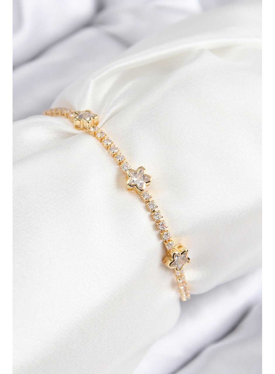 Pirinç Zirkon Taşlı Yıldız Model Gold Renk Asansörlü Kadın Bileklik
