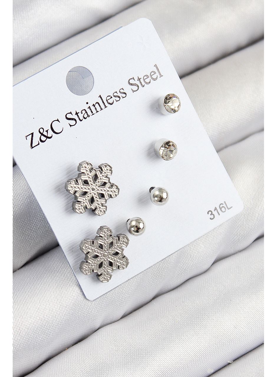 316L Çelik Zirkon Taşlı Kar Tanesi Model Gümüş Renk Kadın Set Küpe