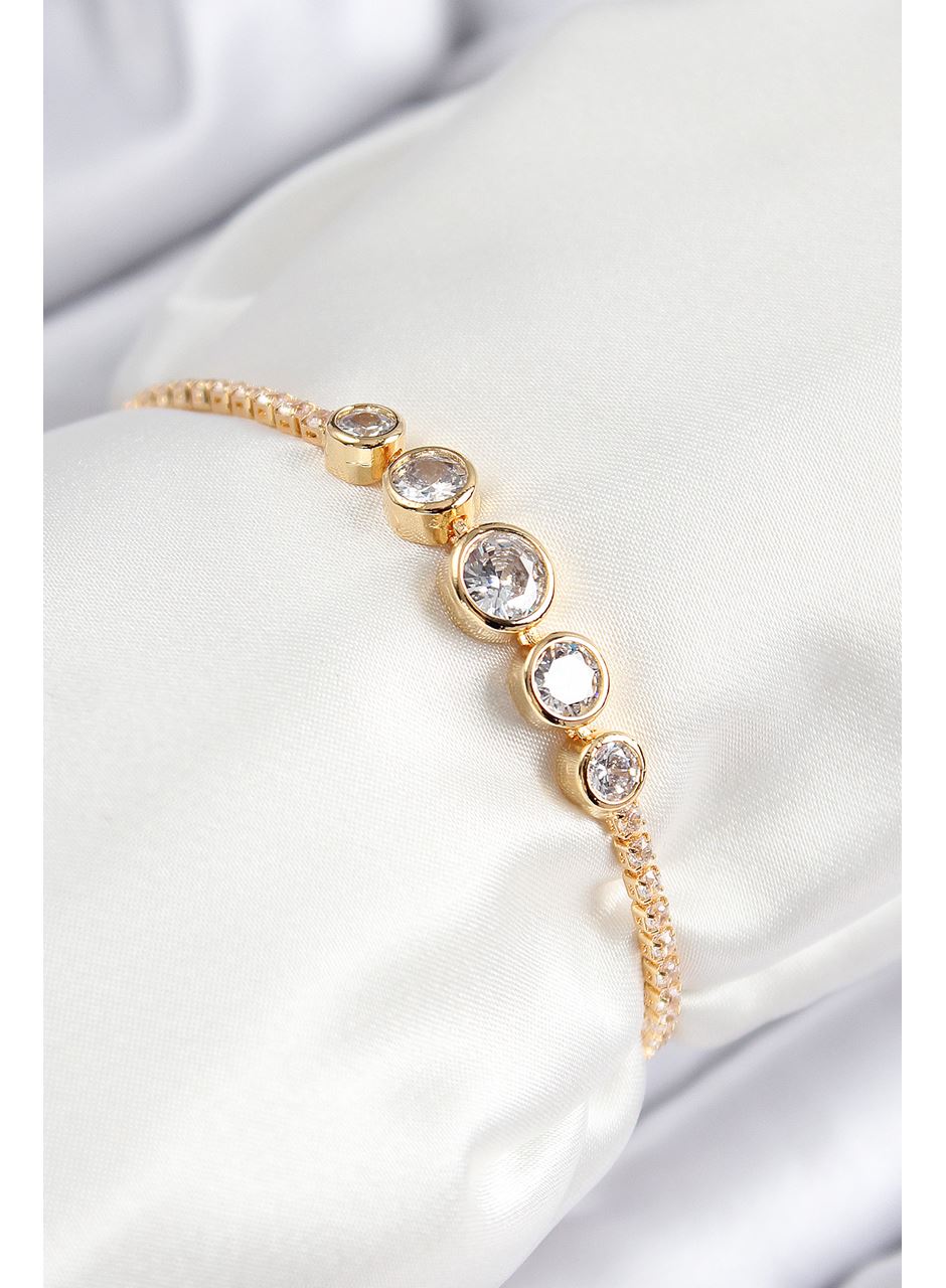 Pirinç Zirkon Taşlı Sıralı Daire Model Gold Renk Asansörlü Kadın Bileklik
