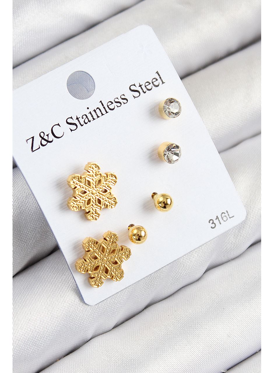 316L Çelik Zirkon Taşlı Kar Tanesi Model Gold Renk Kadın Set Küpe