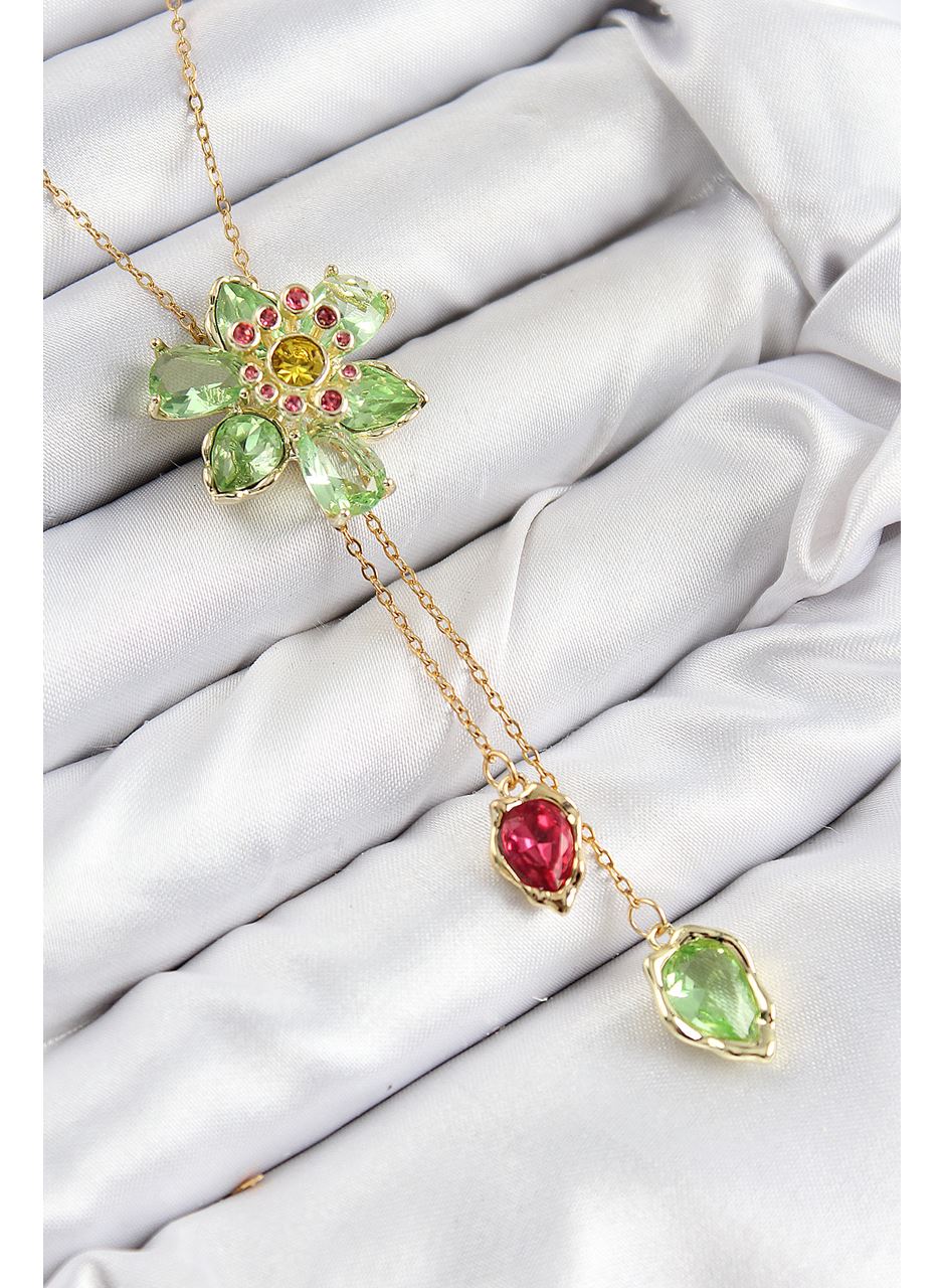 VIP Pirinç Zirkon Taşlı Çiçek Model Gold Renk Asansörlü Kadın Kolye