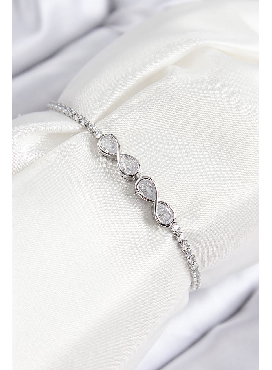 Pirinç Zirkon Taşlı Sonsuzluk Model Gümüş Renk Asansörlü Kadın Bileklik