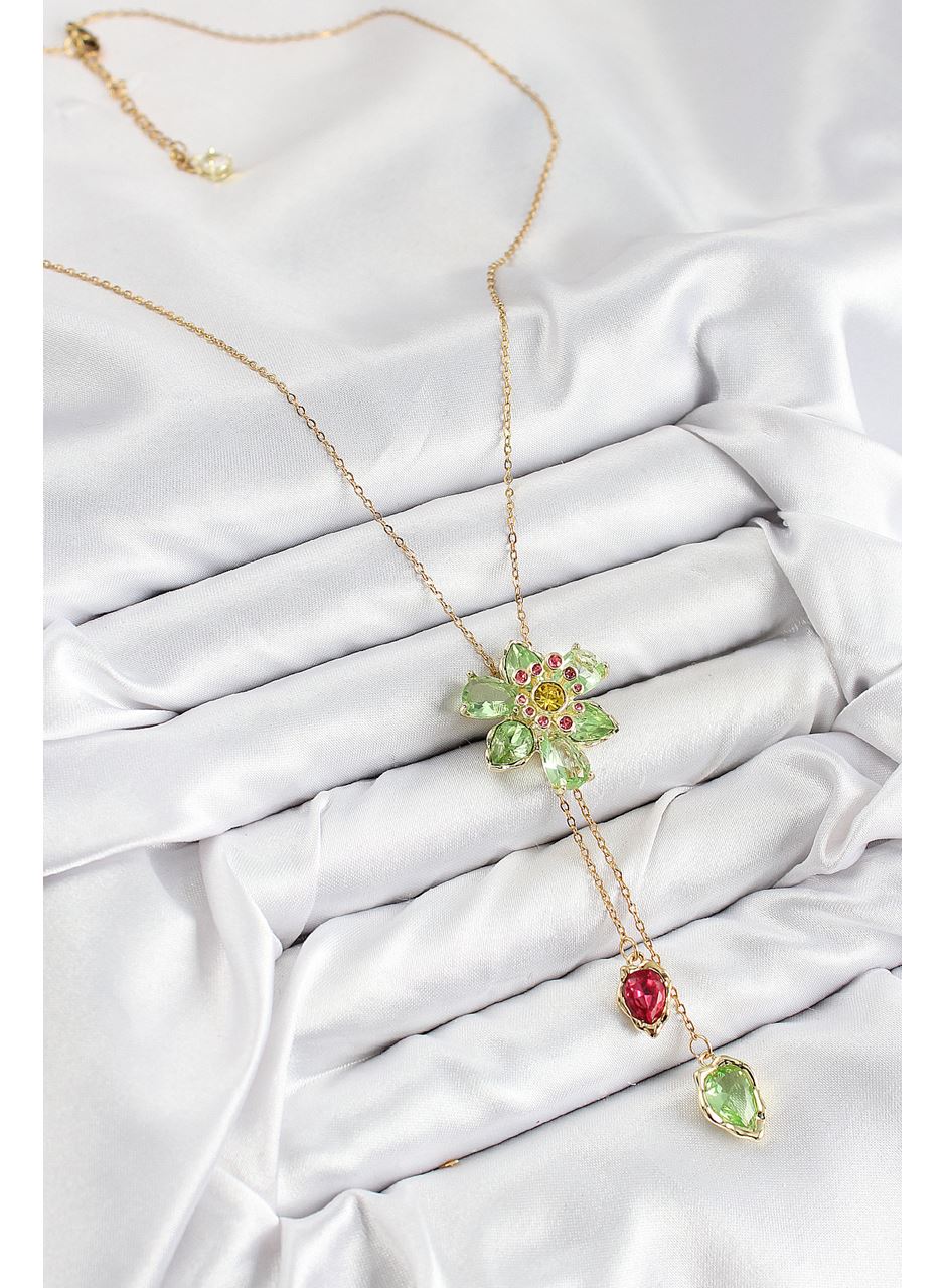 VIP Pirinç Zirkon Taşlı Çiçek Model Gold Renk Asansörlü Kadın Kolye