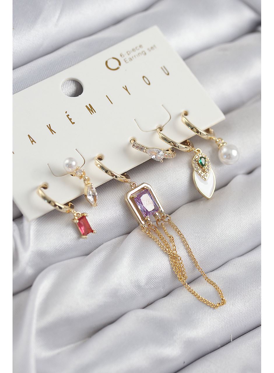 Pirinç Zirkon Taşlı Sallantılı Ve İncili Gold Renk 6'lı Küpe Set