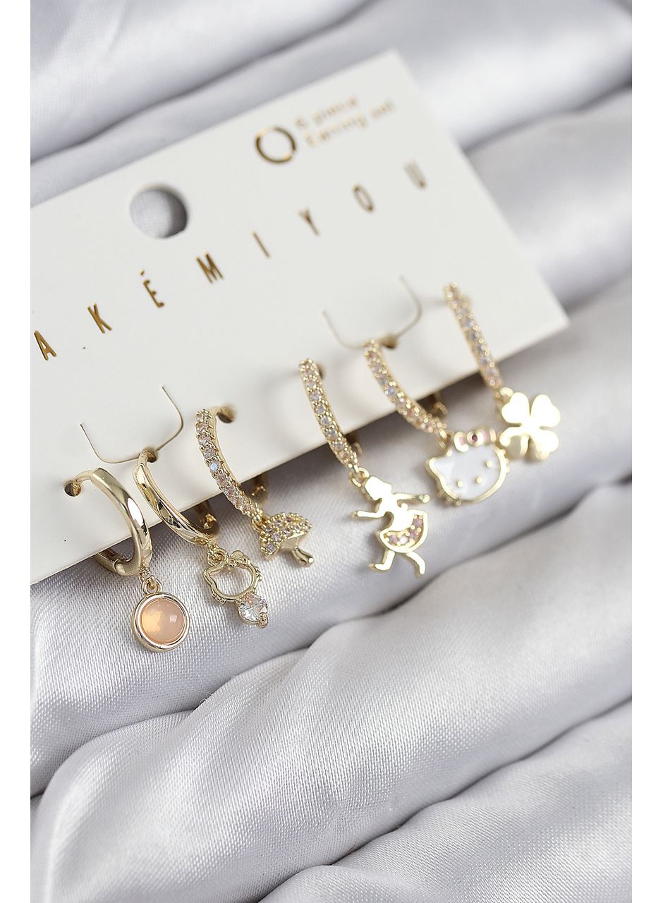 Pirinç Zirkon Taşlı Hello Kity Ve Yonca Model Gold Renk 6'lı Küpe Set