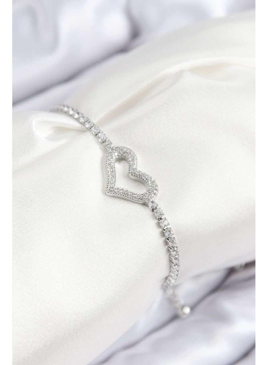 Pirinç Zirkon Taşlı Kalp Model Gümüş Renk Asansörlü Kadın Bileklik