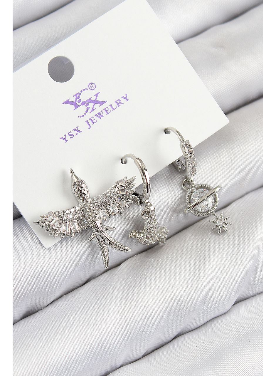 Pirinç Zirkon Taşlı 3'lü Kuş Model Gümüş Renk Kadın Küpe