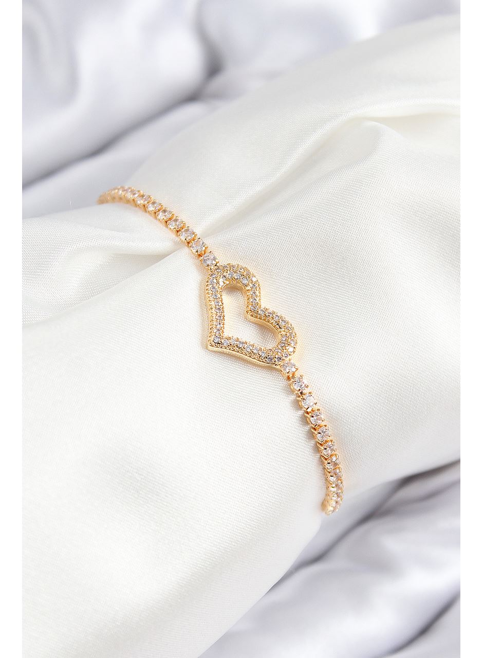 Pirinç Zirkon Taşlı Kalp Model Gold Renk Asansörlü Kadın Bileklik