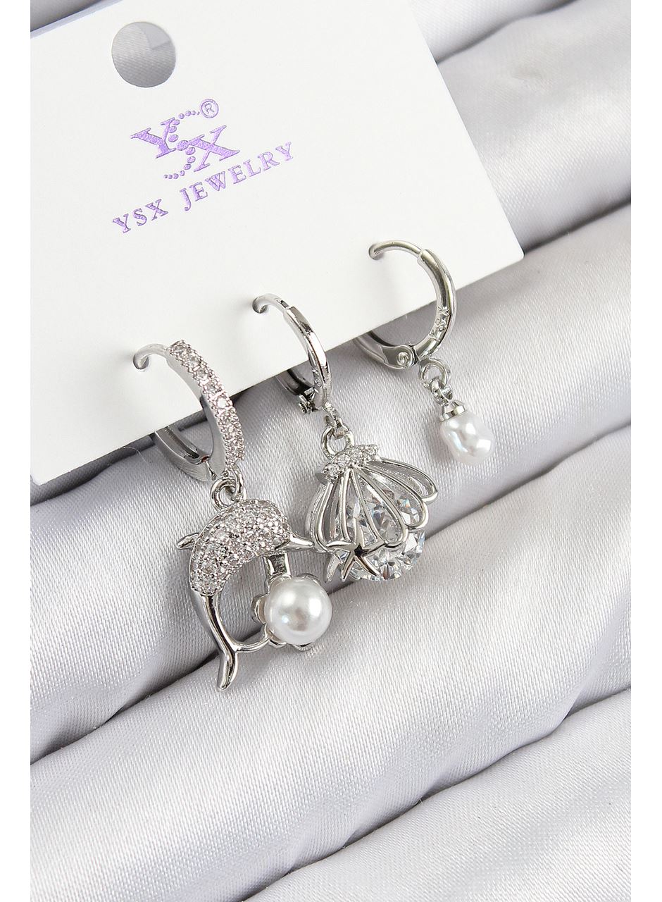 Pirinç Zirkon Taşlı 3'lü Yunus Balığı Ve İstiridye Model Gümüş Renk Kadın Küpe