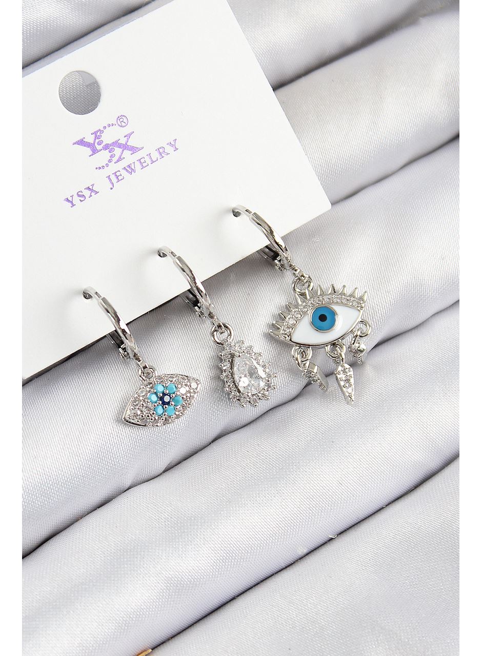 Pirinç Zirkon Taşlı 3'lü Fatma'nın Gözü Model Gümüş Renk Kadın Küpe