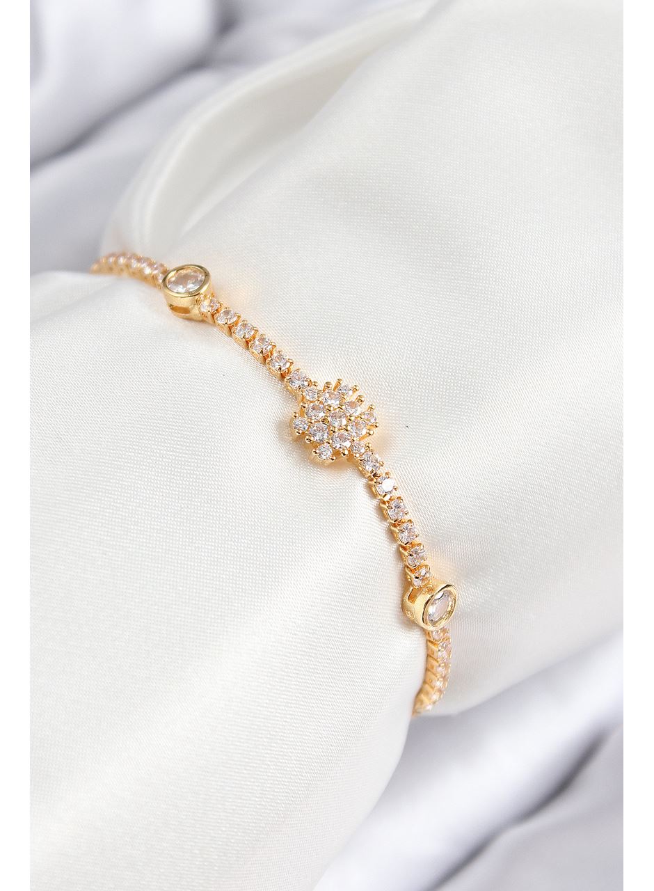Pirinç Zirkon Taşlı Kar Tanesi Model Gold Renk Asansörlü Kadın Bileklik