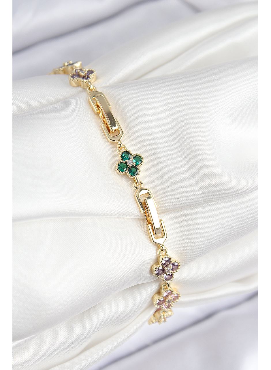 VIP Pirinç Renkli Zirkon Taşlı Yonca Model Gold Renk Kadın Bileklik