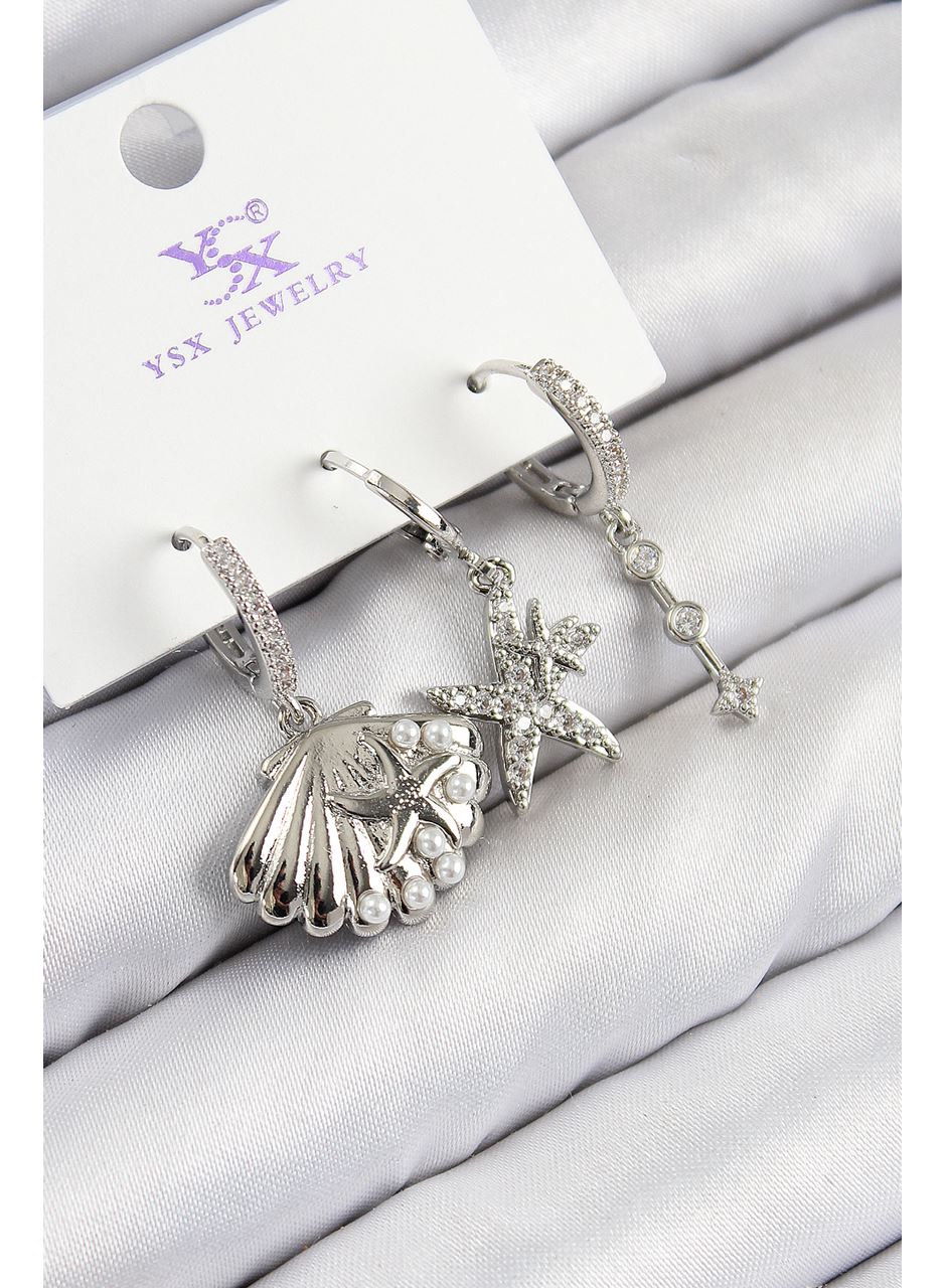 Pirinç Zirkon Taşlı 3'lü Yıldız Ve İstiridye Model Gümüş Renk Kadın Küpe