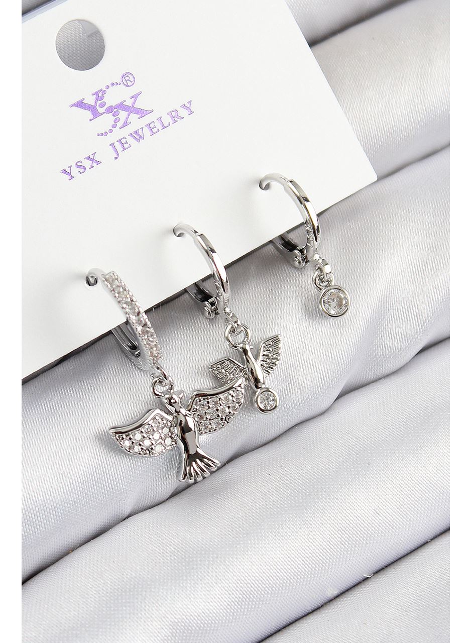 Pirinç Zirkon Taşlı 3'lü Kuş Model Gümüş Renk Kadın Küpe