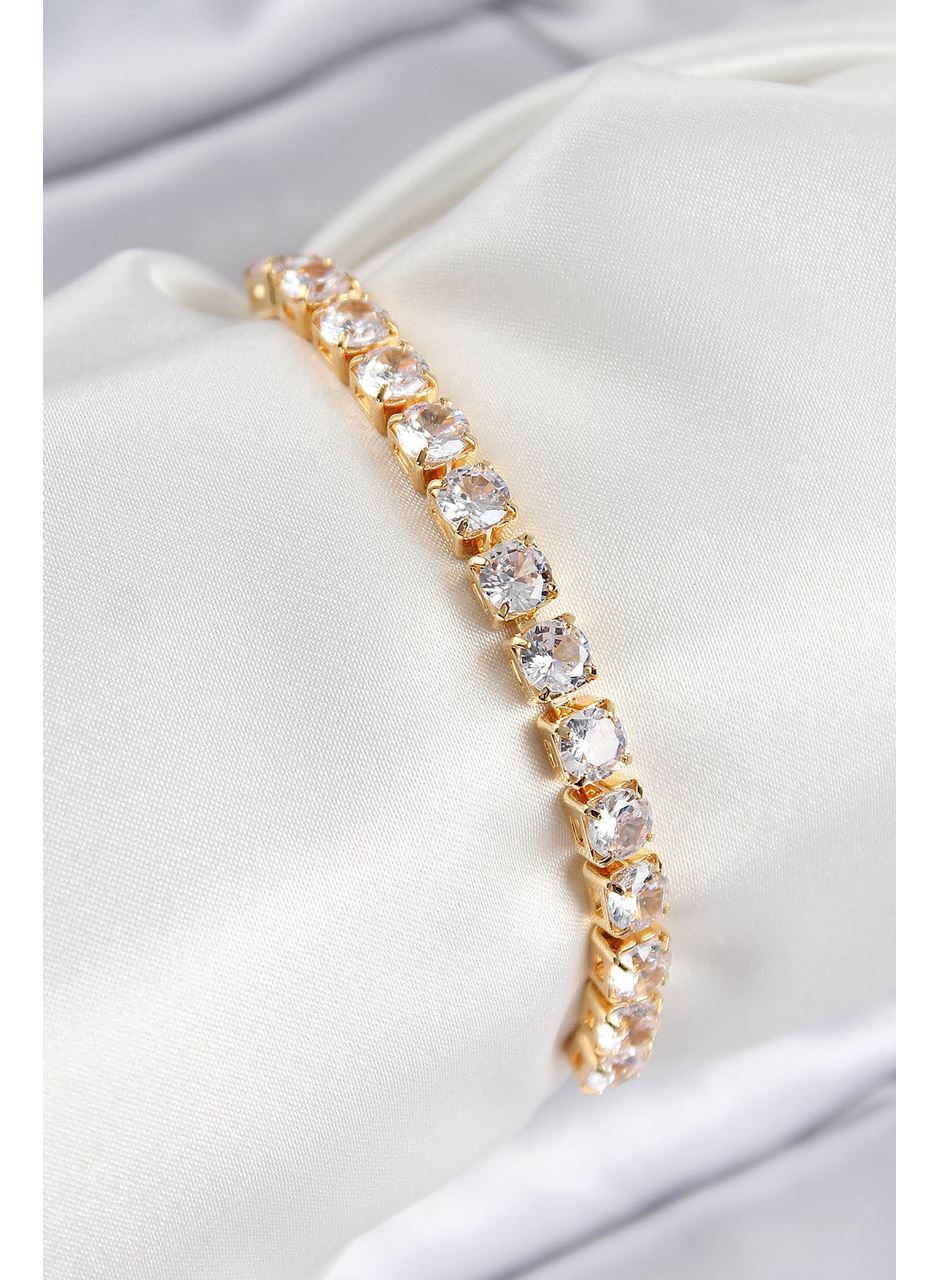 Pirinç Zirkon Taşlı Kare Model Gold Renk Asansörlü Kadın Bileklik