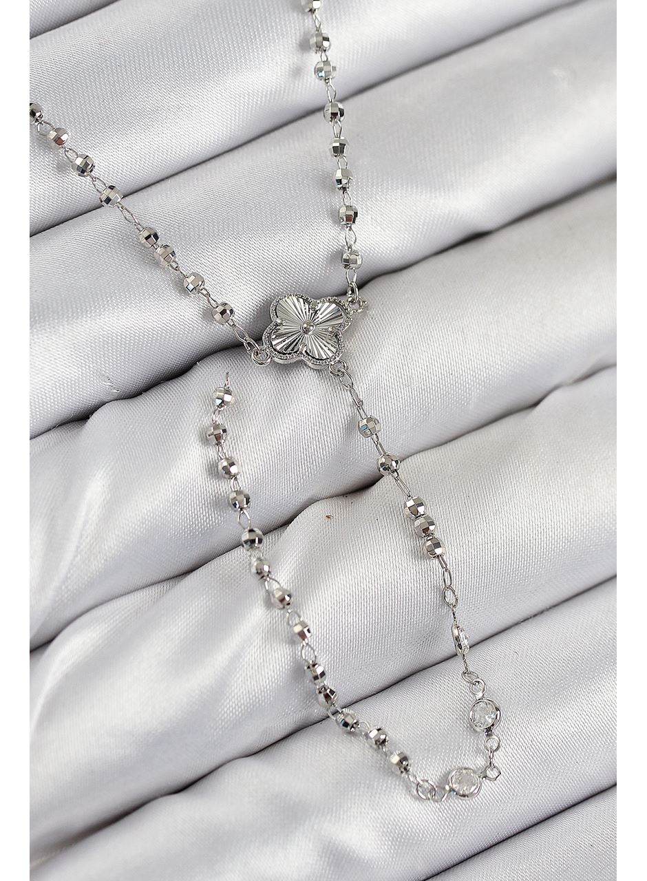 Pirinç Zirkon Taşlı Yonca Model Gümüş Renk Kadın Y Kolye