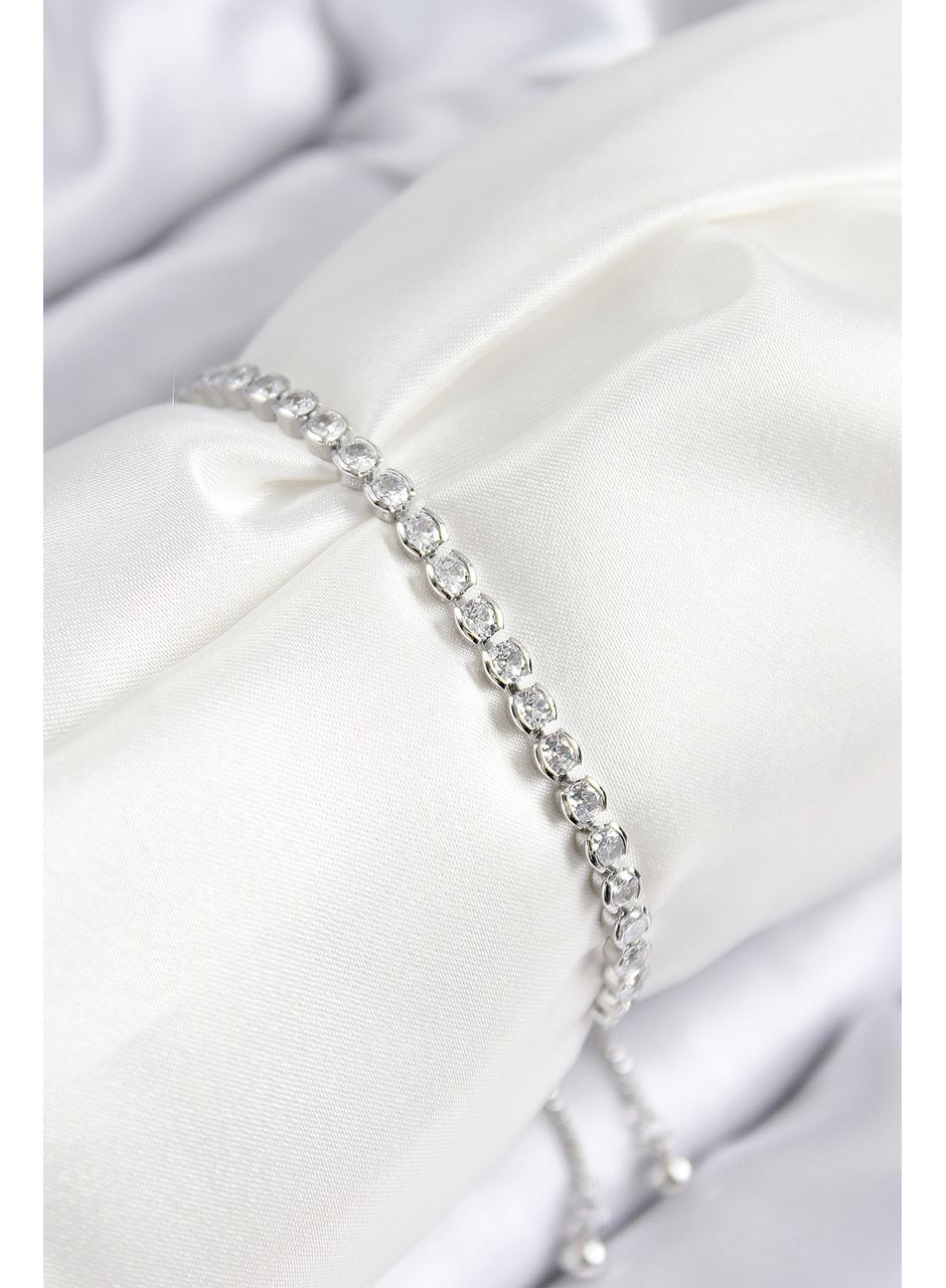 Pirinç Zirkon Taşlı Sıralı Model Gümüş Renk Asansörlü Kadın Bileklik