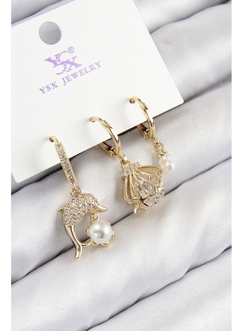 Pirinç Zirkon Taşlı 3'lü Yunus Balığı Ve İstiridye Model Gold Renk Kadın Küpe