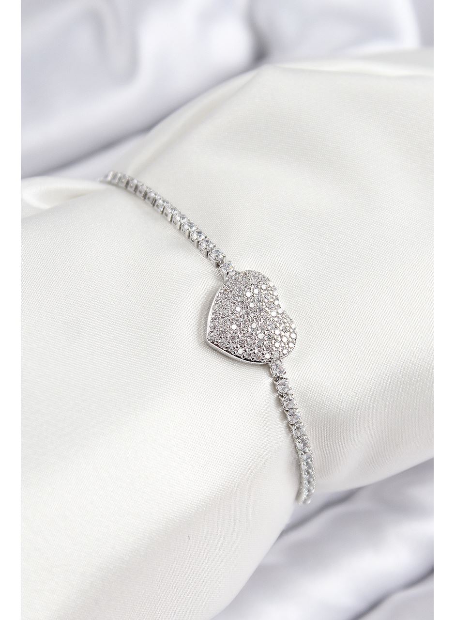 Pirinç Zirkon Taşlı Kalp Model Gümüş Renk Asansörlü Kadın Bileklik