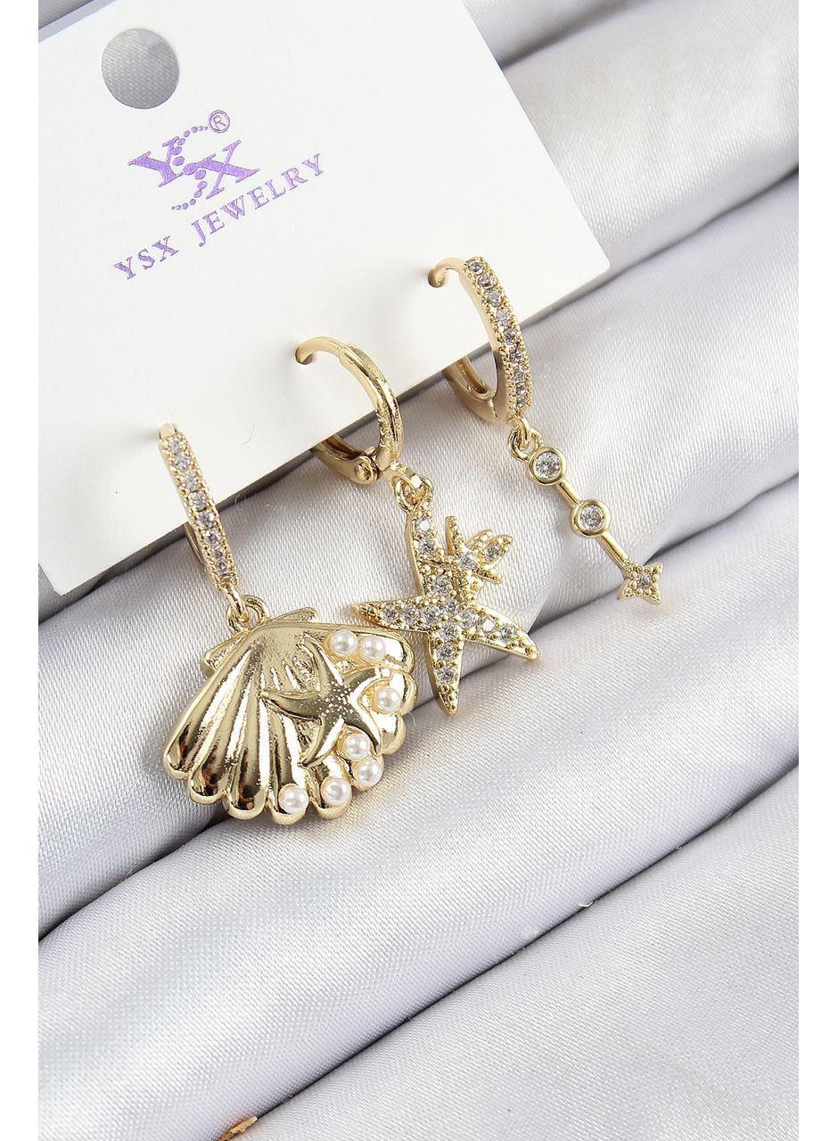 Pirinç Zirkon Taşlı 3'lü İstiridye Ve Yıldız Model Gold Renk Kadın Küpe