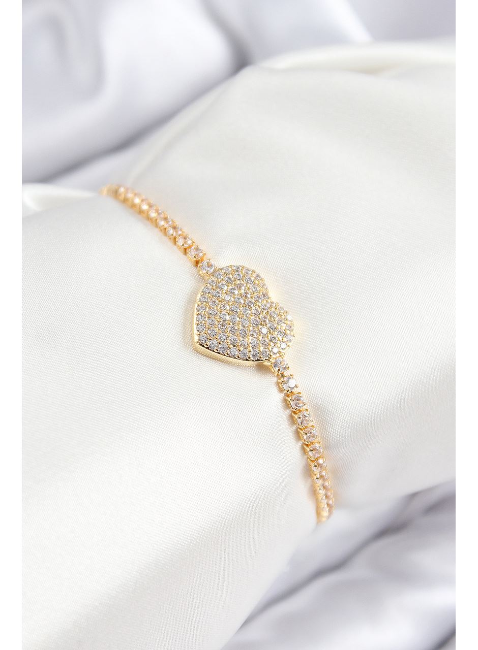 Pirinç Zirkon Taşlı Kalp Model Gold Renk Asansörlü Kadın Bileklik