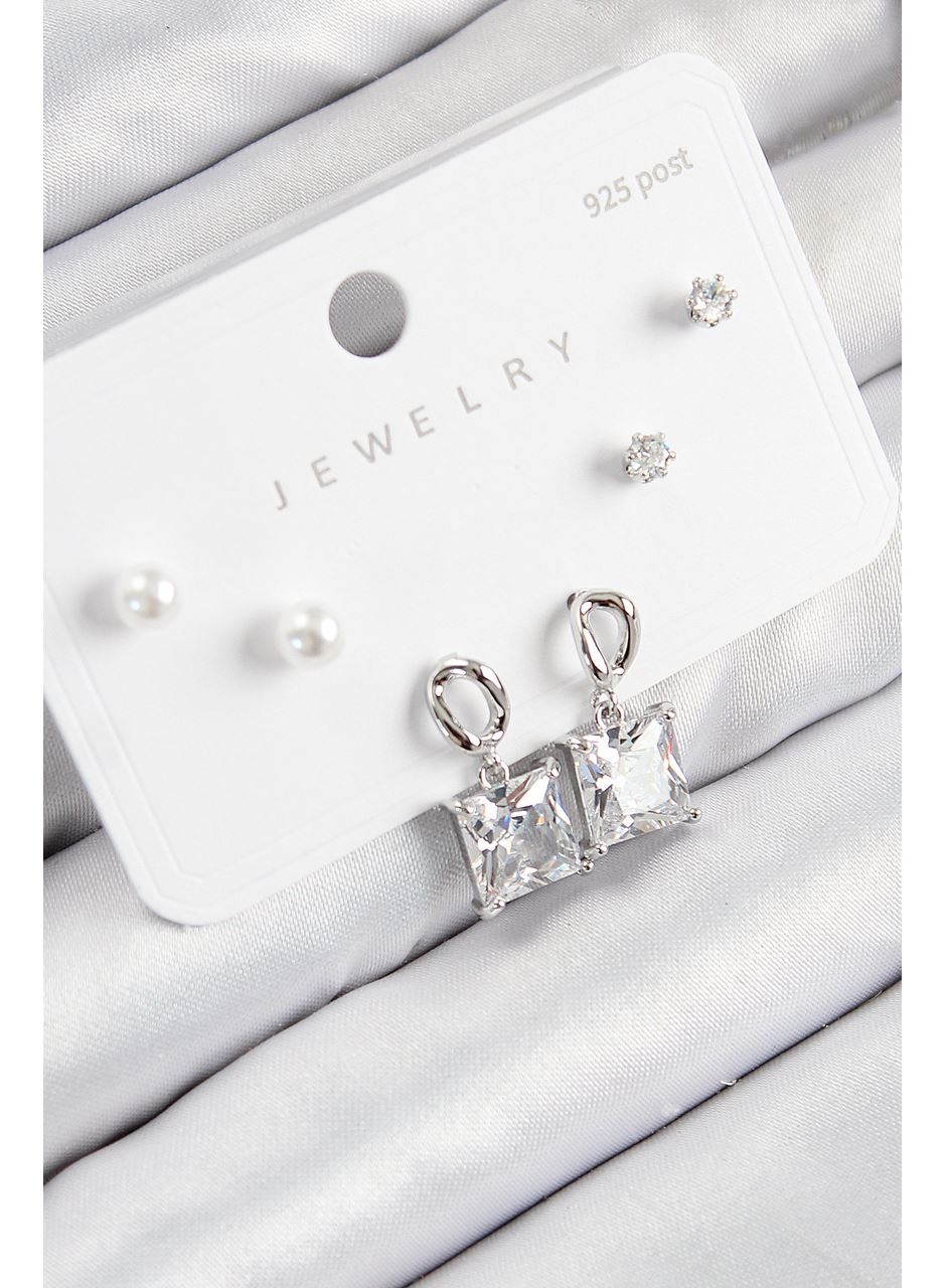 Pirinç Zirkon Taşlı Sallantılı Kare Model Gümüş Renk 925 Ayar Gümüş Çivi Kadın Küpe Set