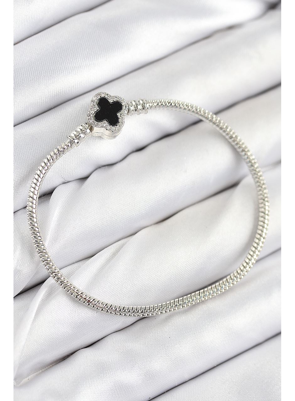 Pirinç Charm Zirkon Taşlı Yonca Model Gümüş Renk Kadın Bileklik