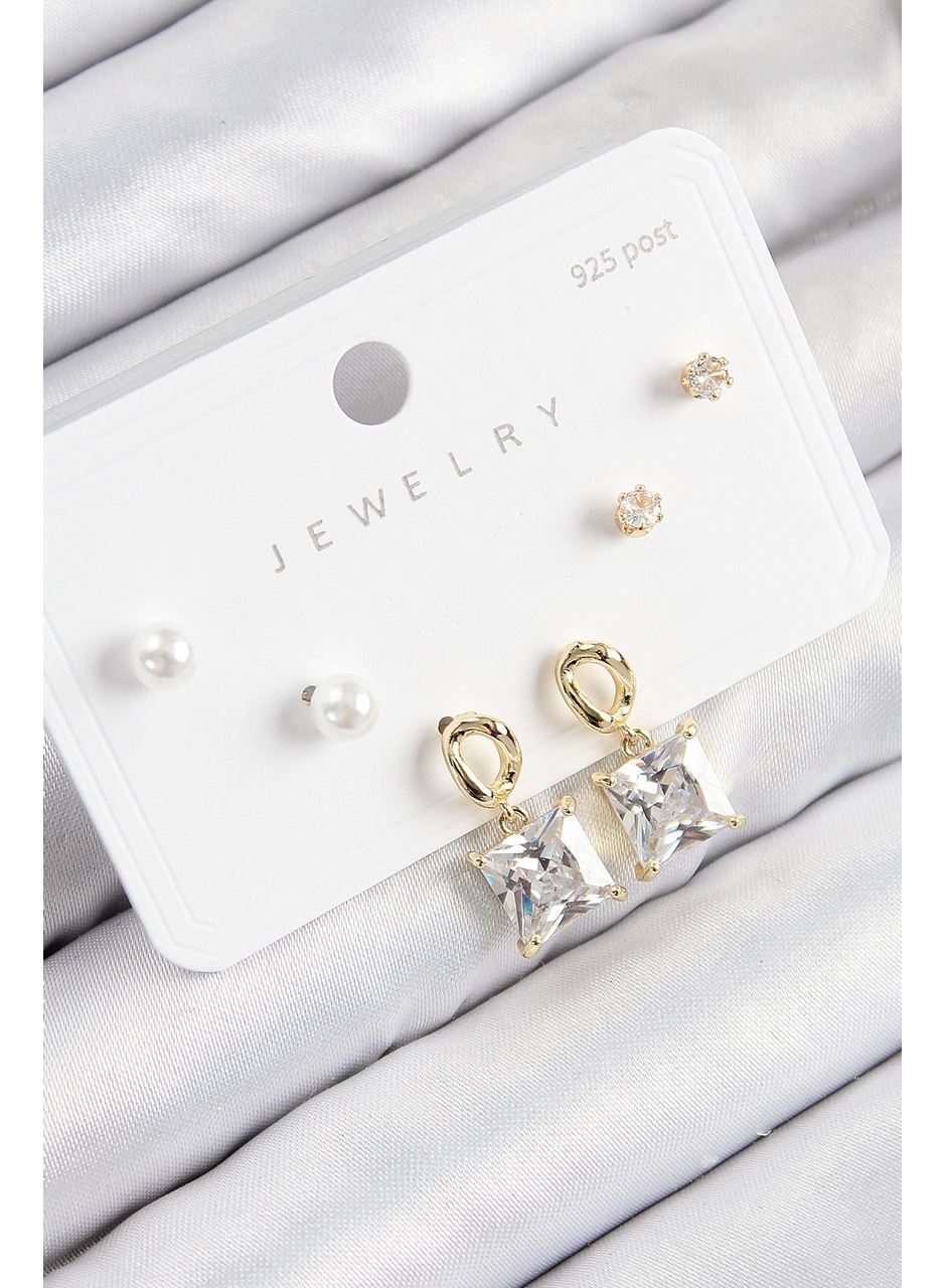 Pirinç Zirkon Taşlı Sallantılı Kare Model Gold Renk 925 Ayar Gümüş Çivi Kadın Küpe Set