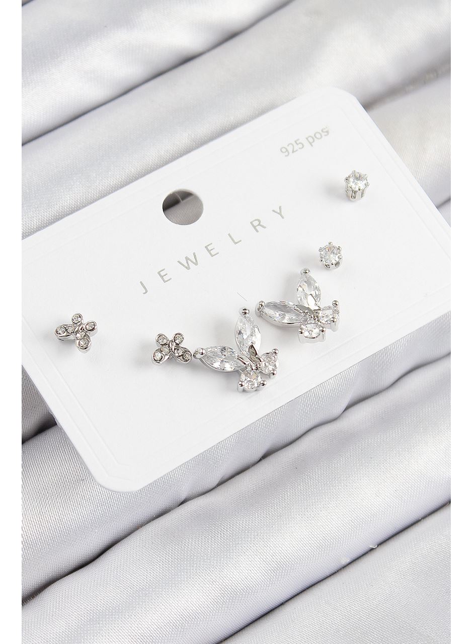 Pirinç Zirkon Taşlı Kelebek Model Gümüş Renk 925 Ayar Gümüş Çivi Kadın Küpe Set
