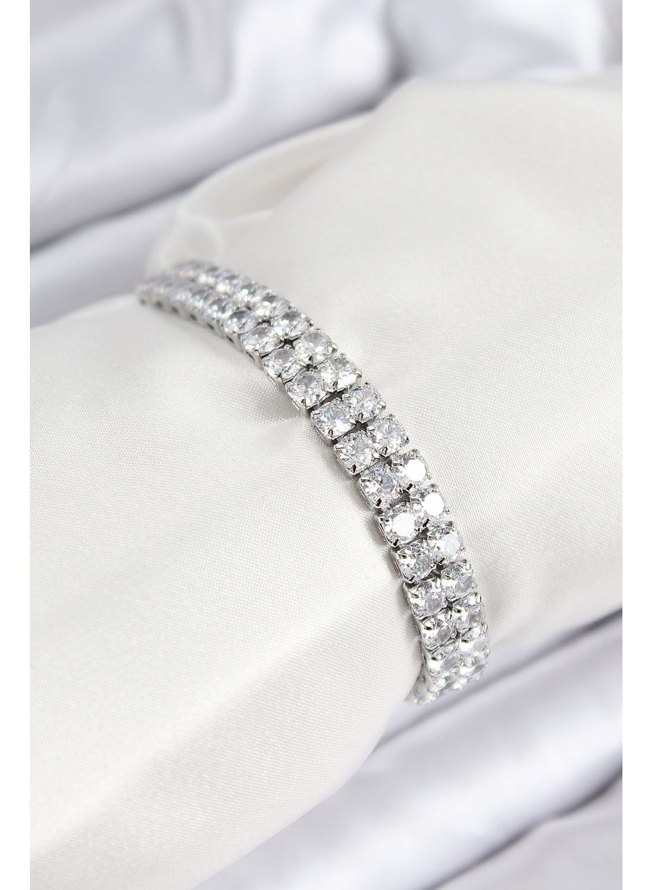 Pirinç Zirkon Taşlı Çift Sıra Kare Model Gümüş Renk Asansörlü Kadın Bileklik