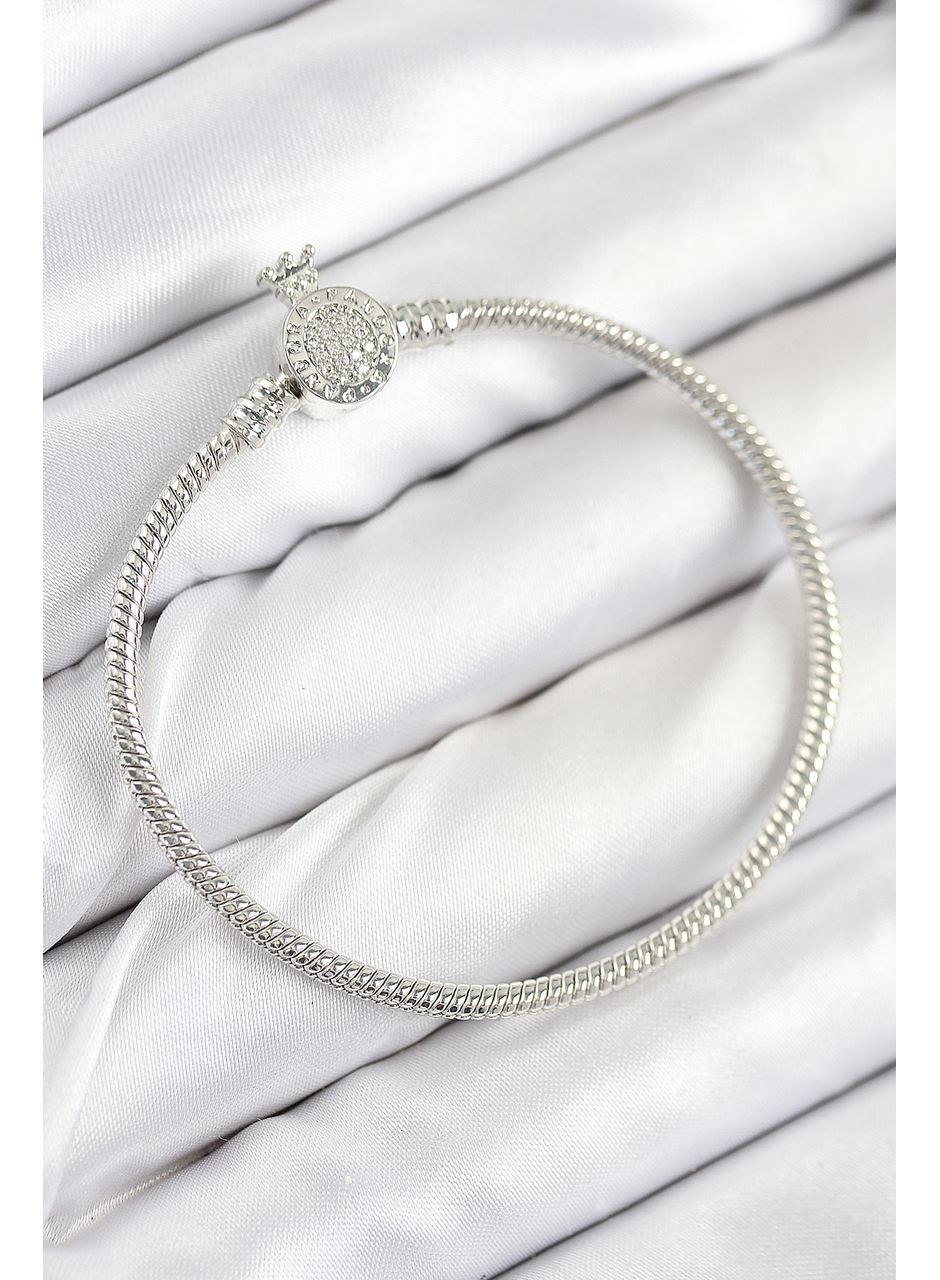 Pirinç Charm Zirkon Taşlı Taç Model Gümüş Renk Kadın Bileklik