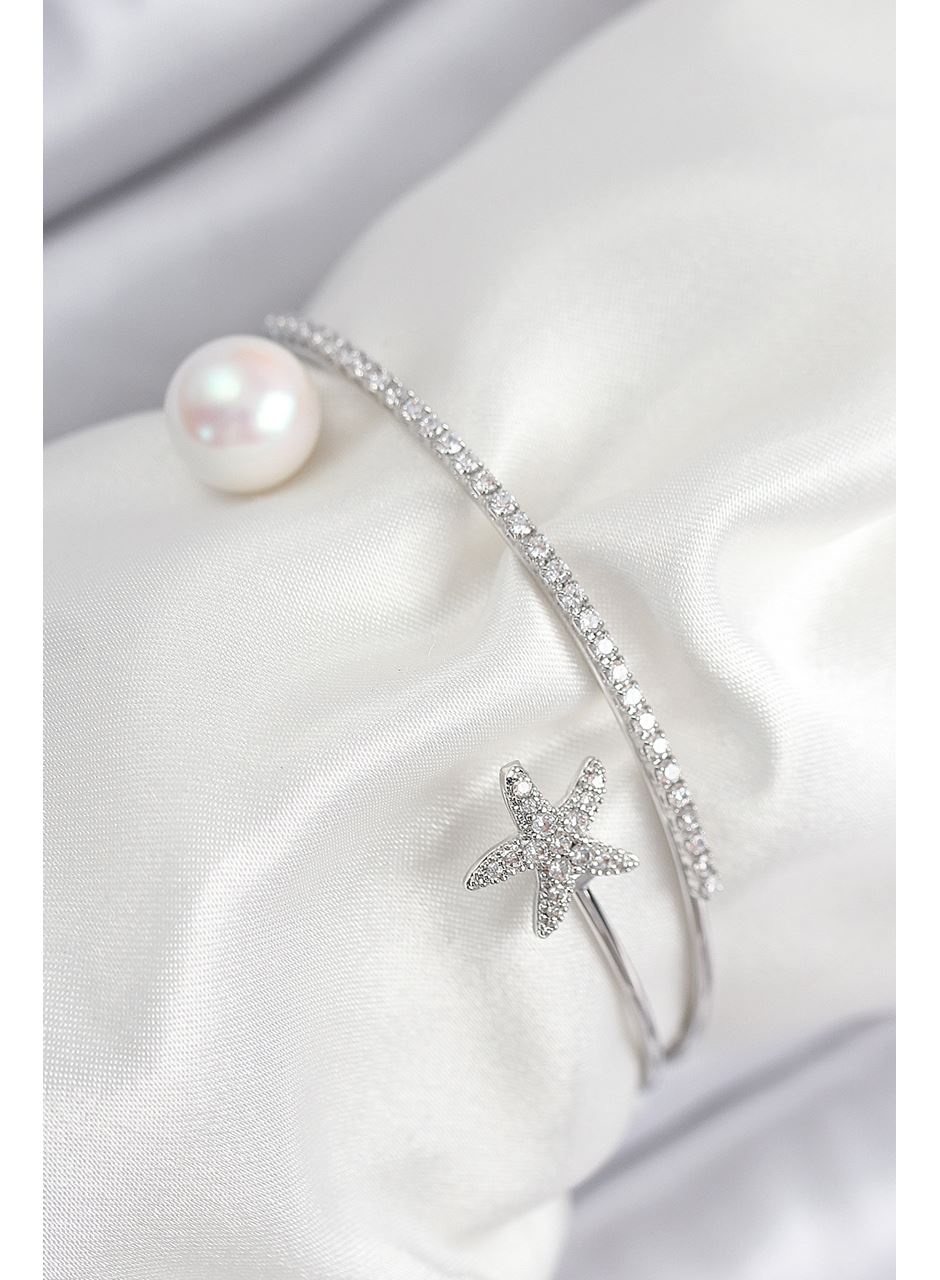 Pirinç Zirkon Taşlı Yıldız Ve İnci Model Gümüş Renk Kadın Bileklik