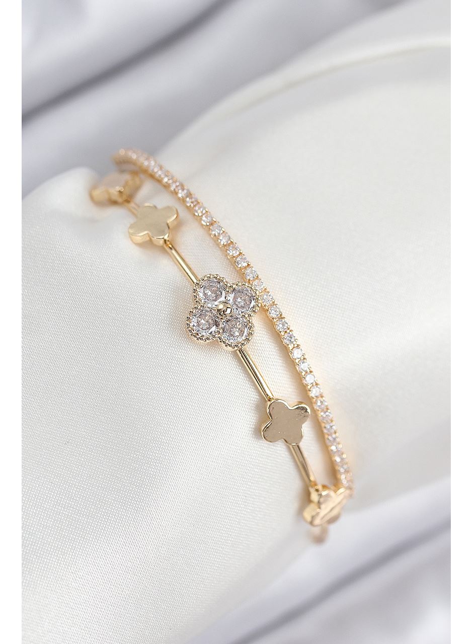 Pirinç Zirkon Taşlı Yonca Model Gold Renk Kadın Bileklik