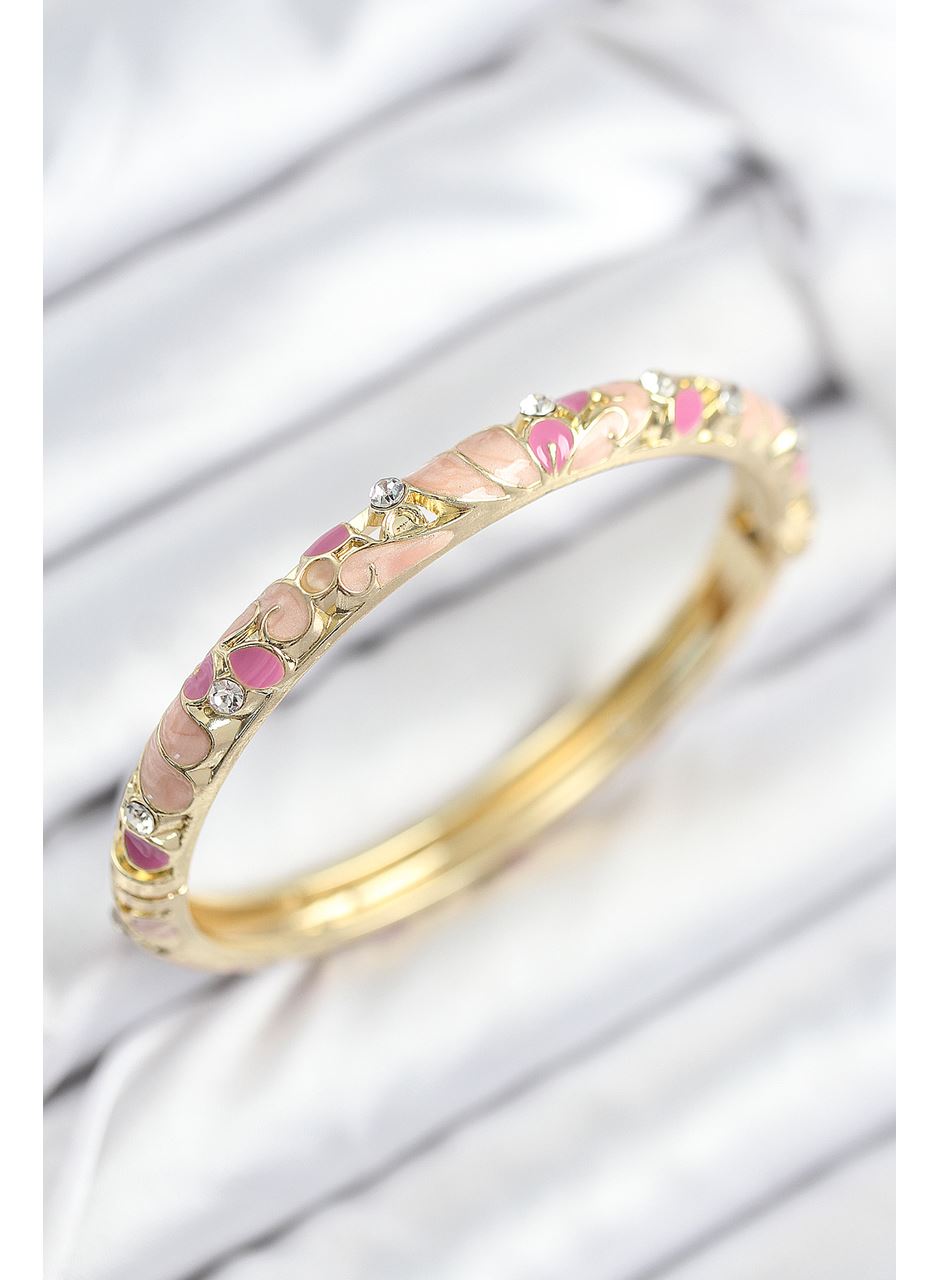 Mineli Pirinç Zirkon Taşlı Pembe Çiçek Motifli Gold Kadın Kelepçe