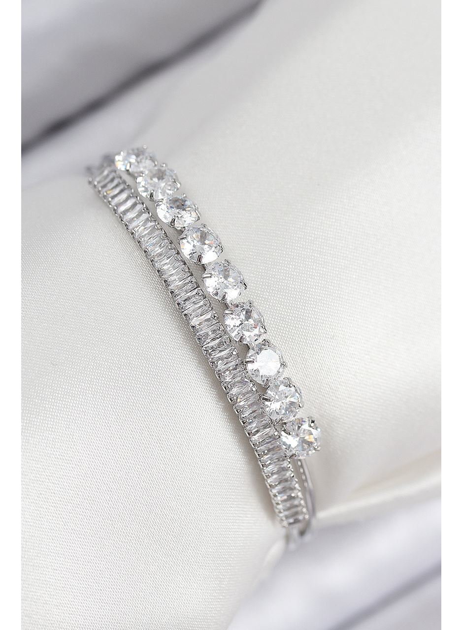 Pirinç Zirkon Taşlı Su Yolu Model Gümüş Renk Kadın Bileklik