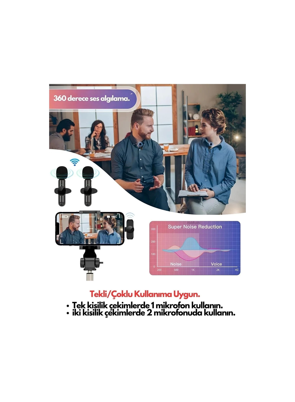 Type-C Çiftli Kablosuz Yaka Mikrofon Seti Telefon Vlog Canlı Yayın TikTok YouTube Uyumlu (