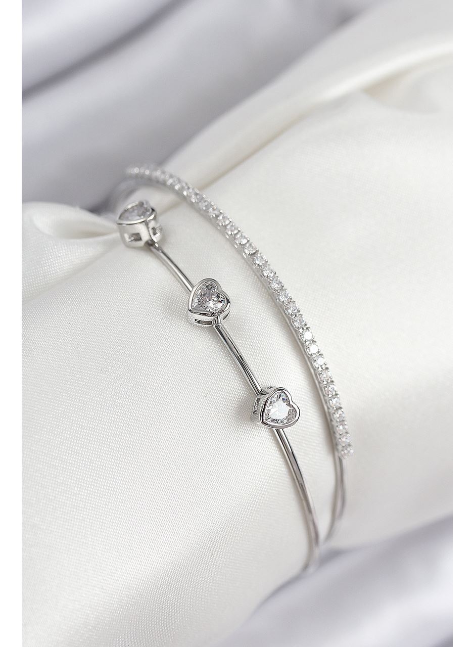 Pirinç Zirkon Taşlı Kalp Model Gümüş Renk Kadın Bileklik