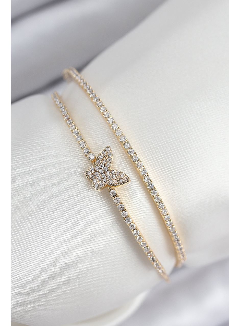 Pirinç Zirkon Taşlı Kelebek Model Gold Renk Kadın Bileklik