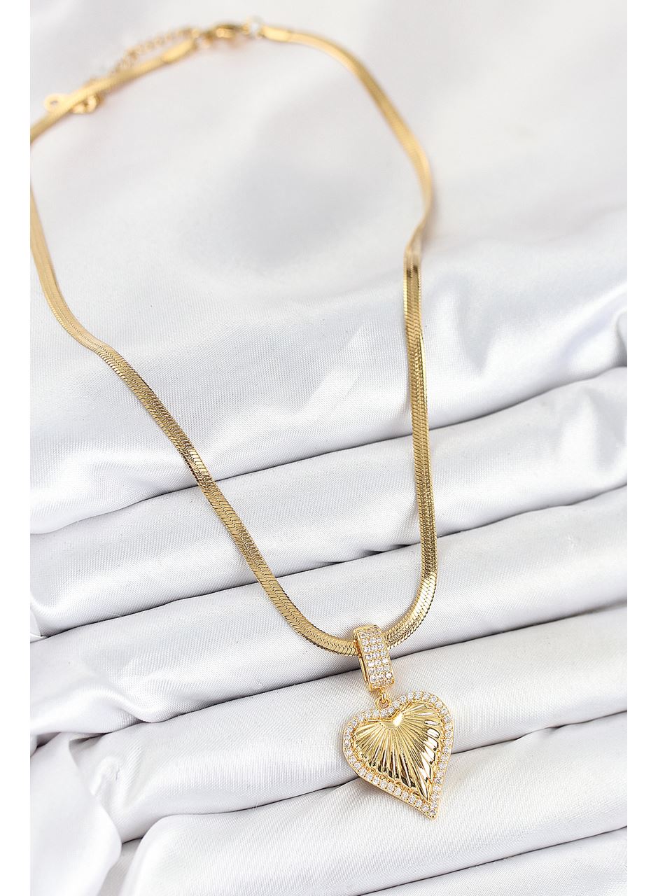 316L Çelik Zirkon Taşlı Kalp Model Gold Renk Kadın Kolye