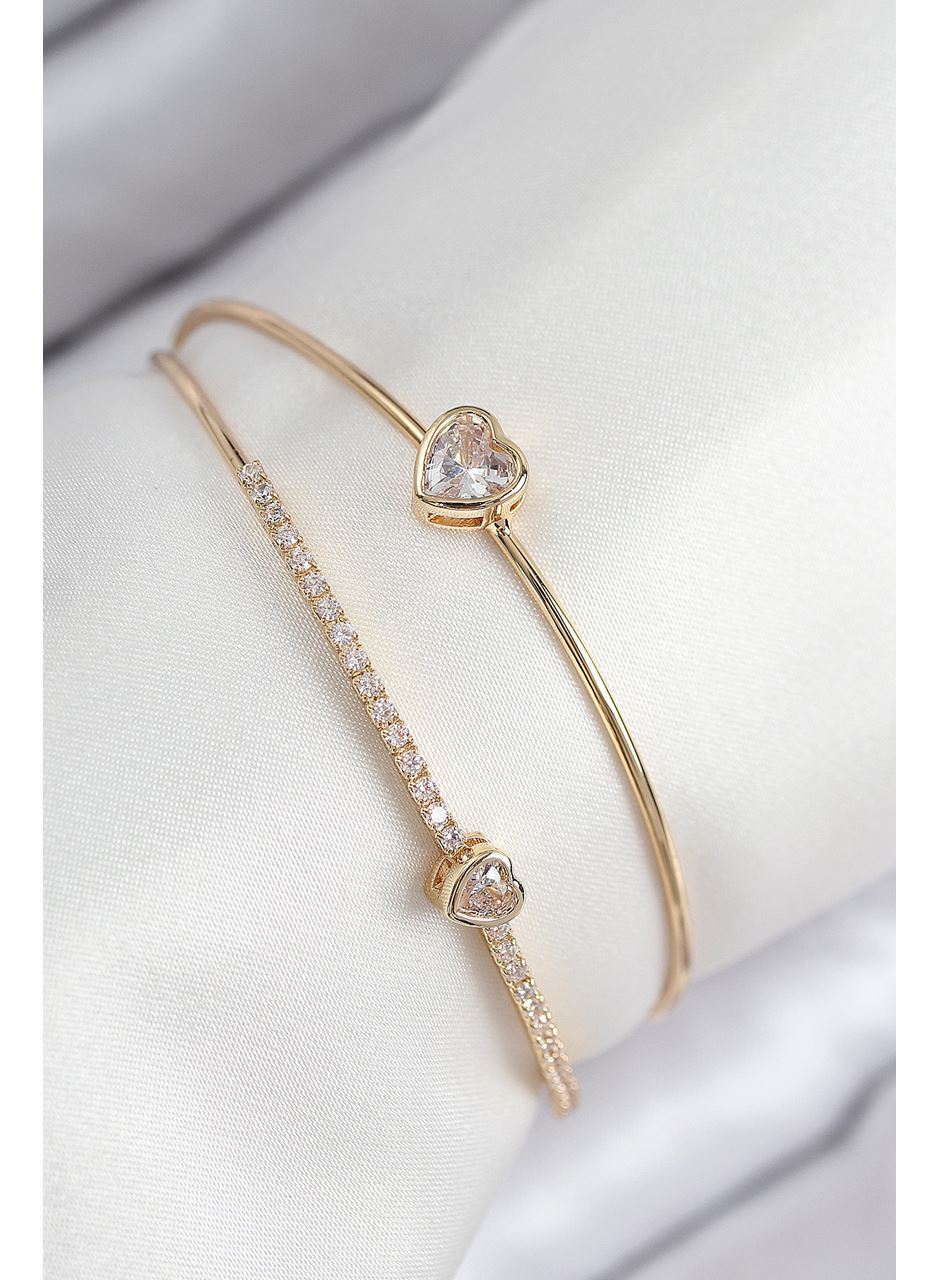 Pirinç Zirkon Taşlı Kalp Model Gold Renk Kadın Bileklik