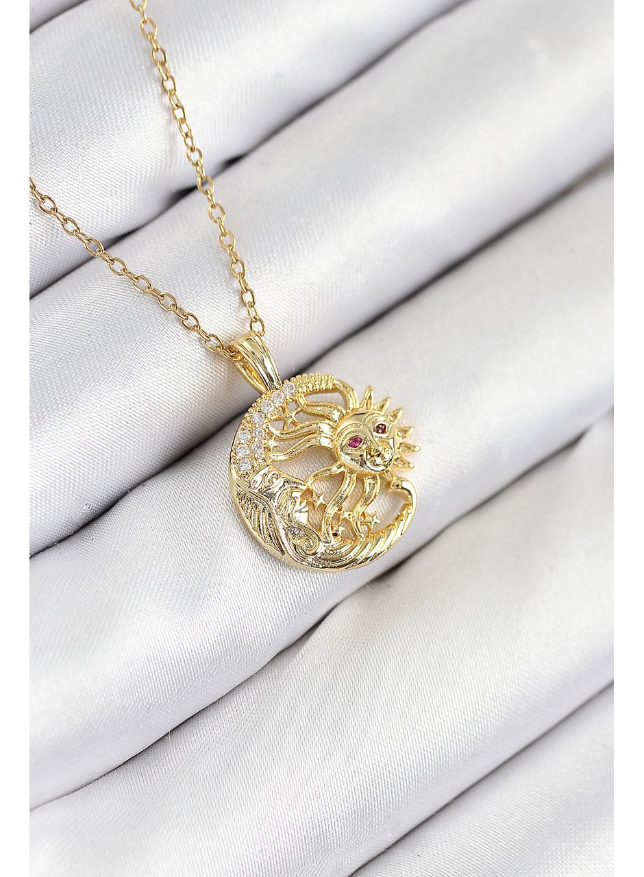 316L Çelik Zirkon Taşlı Ay Ve Güneş Model Gold Renk Kadın Kolye