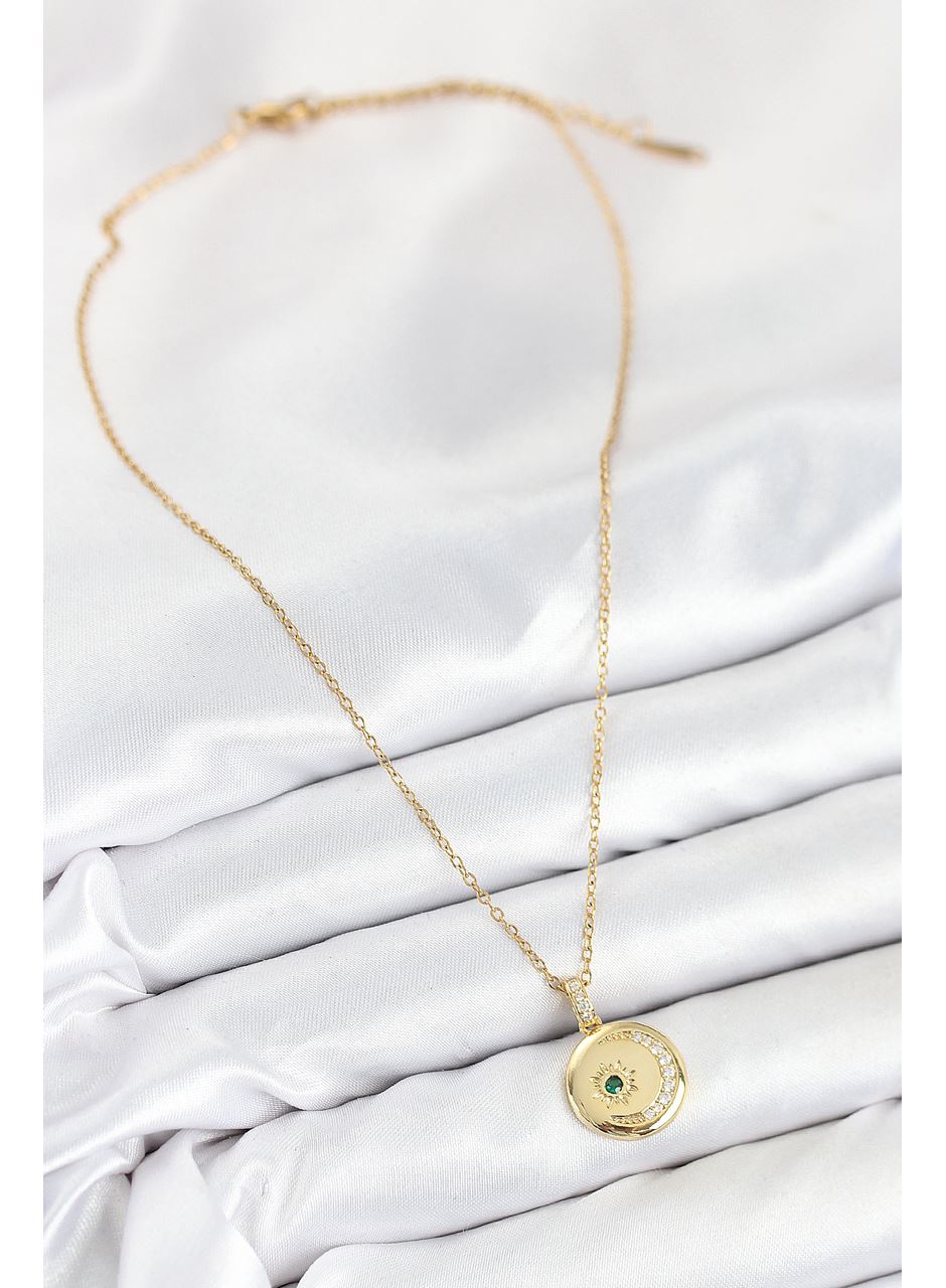 316L Çelik Zirkon Taşlı Ay Ve Güneş Model Gold Renk Kadın Kolye