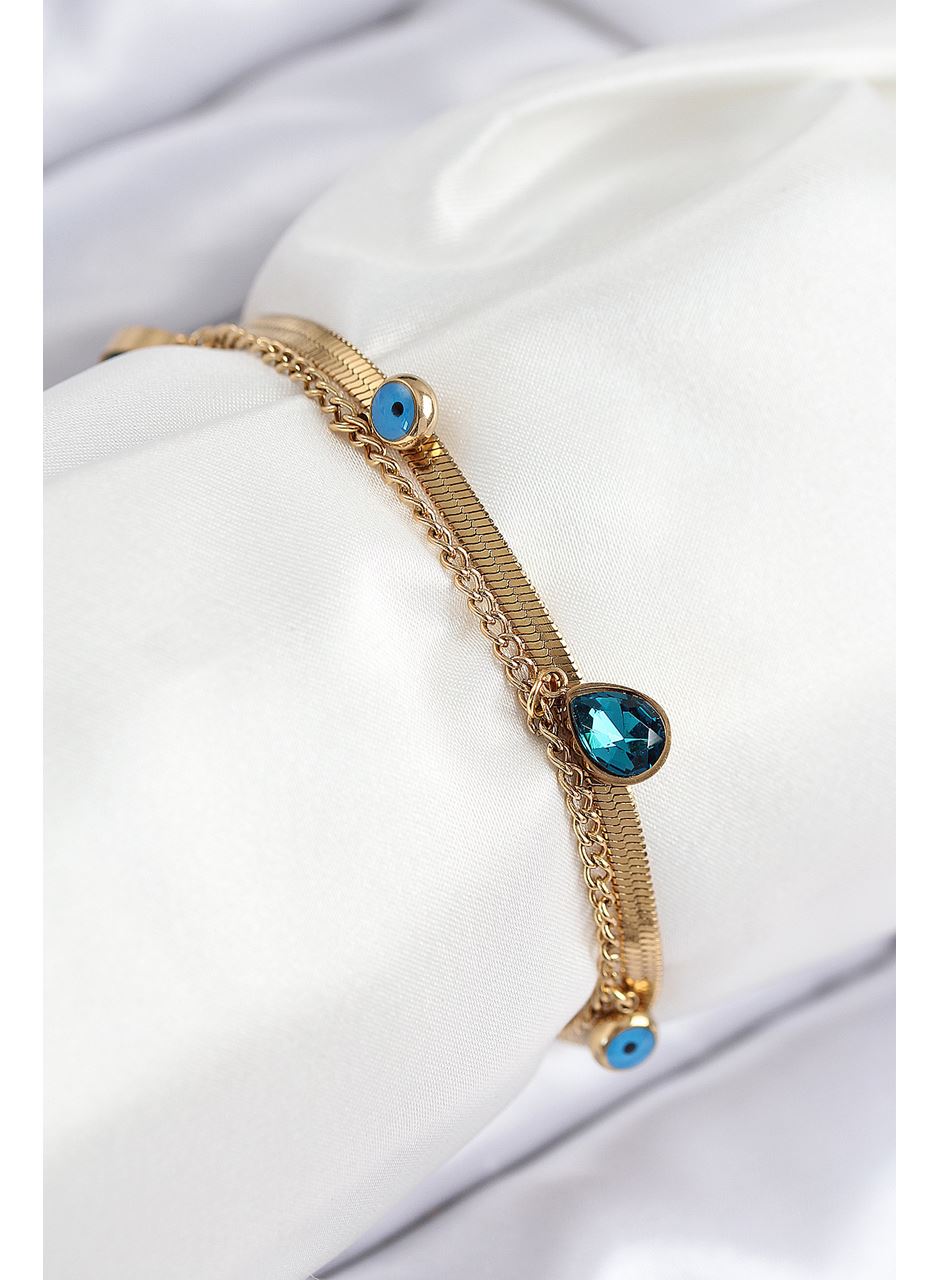 316L Çelik Nazar Boncuk Detaylı Mavi Zirkon Taşlı Model İtalyan Zincir Gold Renk Kadın Bileklik