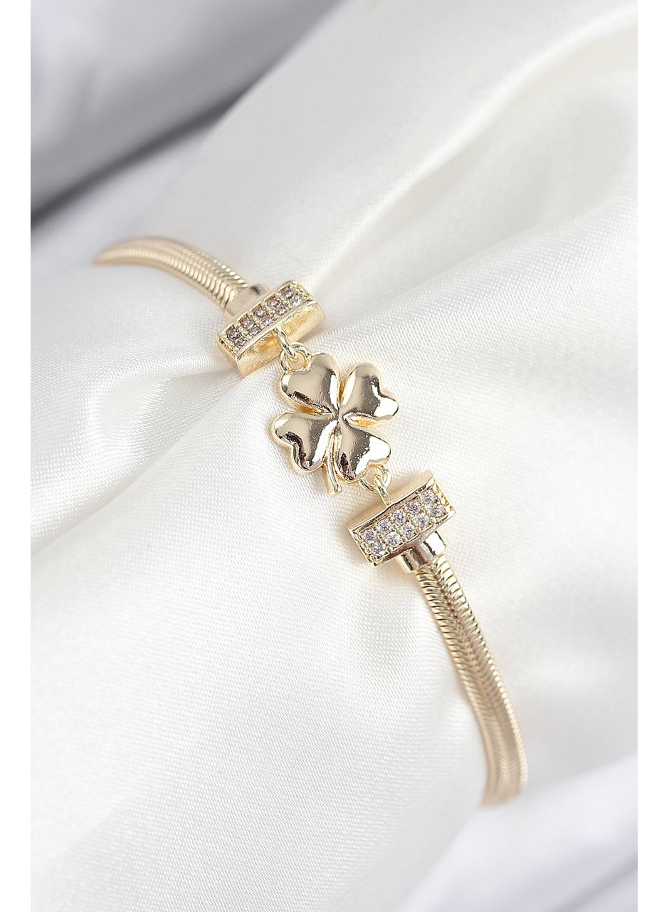 Pirinç Zirkon Taşlı Yonca Model Gold Renk Kadın Bileklik